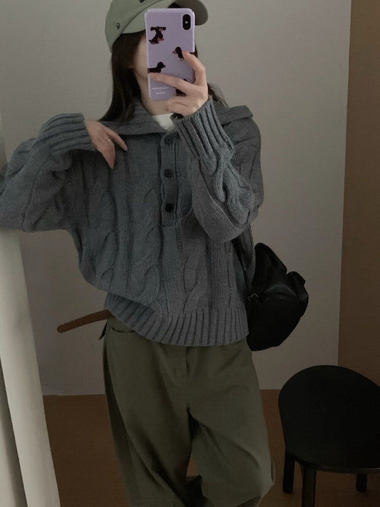 // 30%羊毛可立領鈕扣麻花毛衣