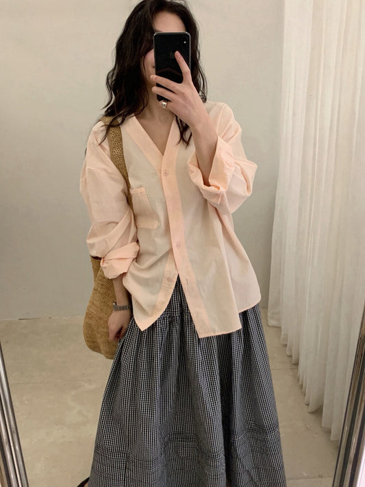 🫗 純棉V領口袋鬆弛感恤衫