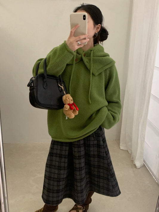 // 棉感卷邊圓領連鈕扣帽毛衣