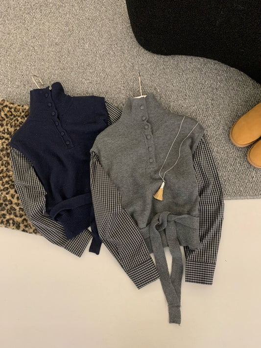 // 設計感假兩件拼格紋恤衫鈕扣高領NT