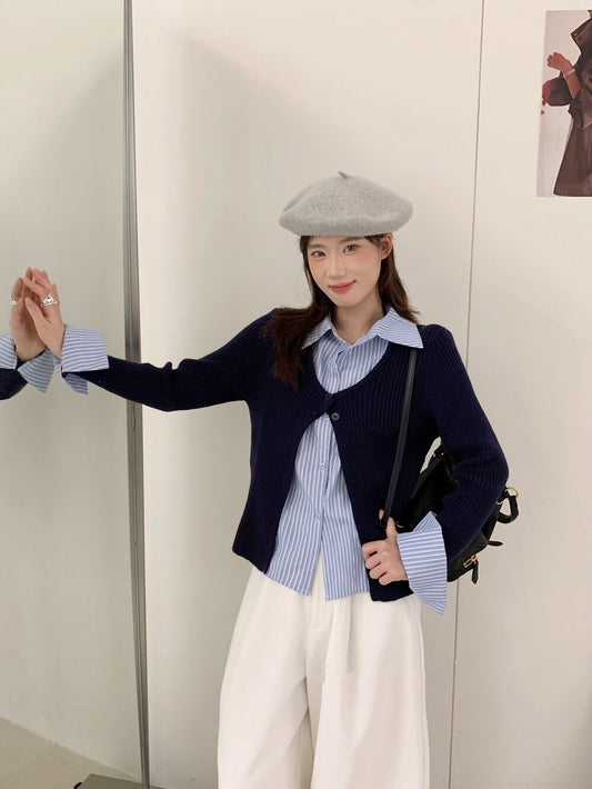 // 間條恤衫拼接針織外套假兩件上衣