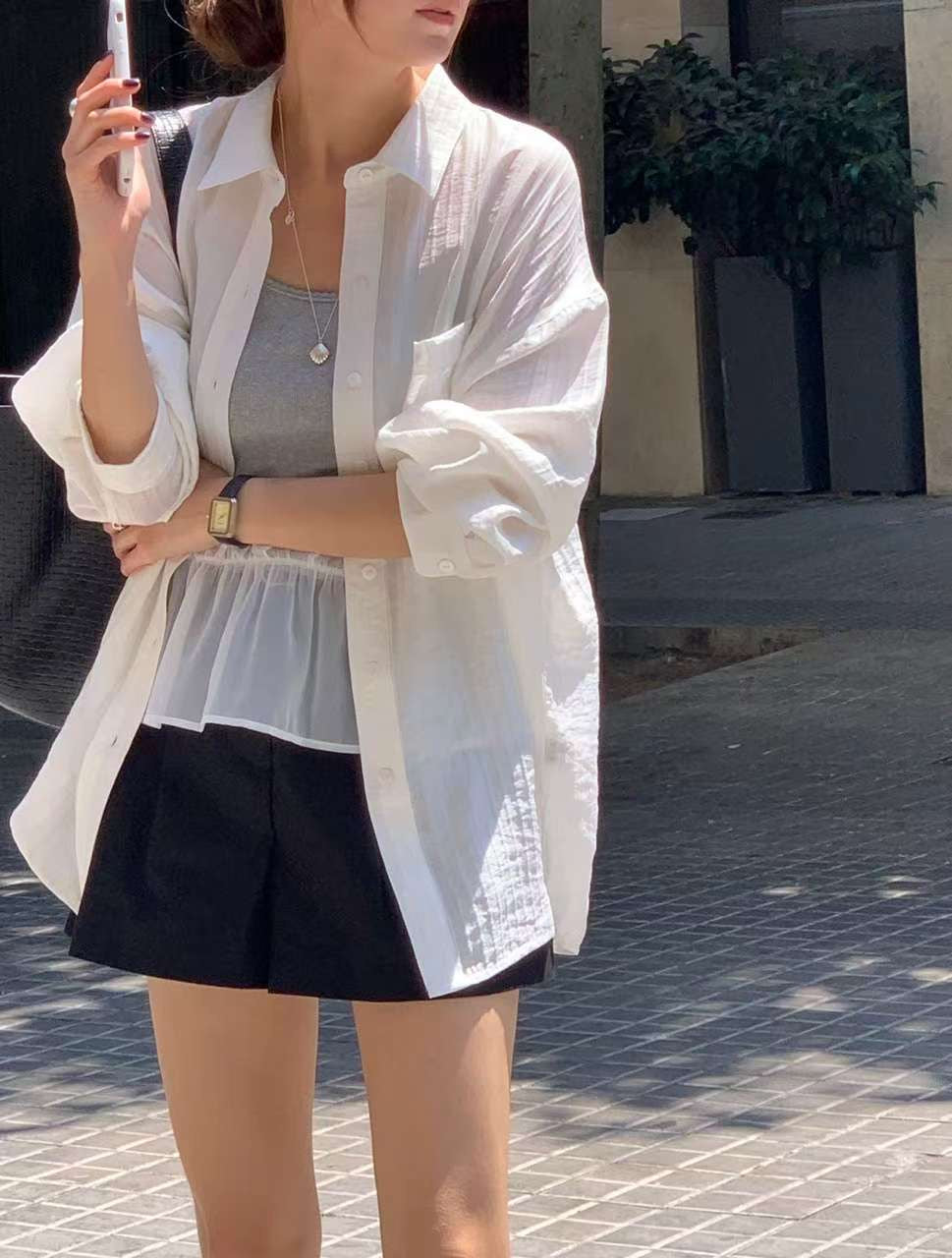 // 微光澤感立體直紋口袋SH