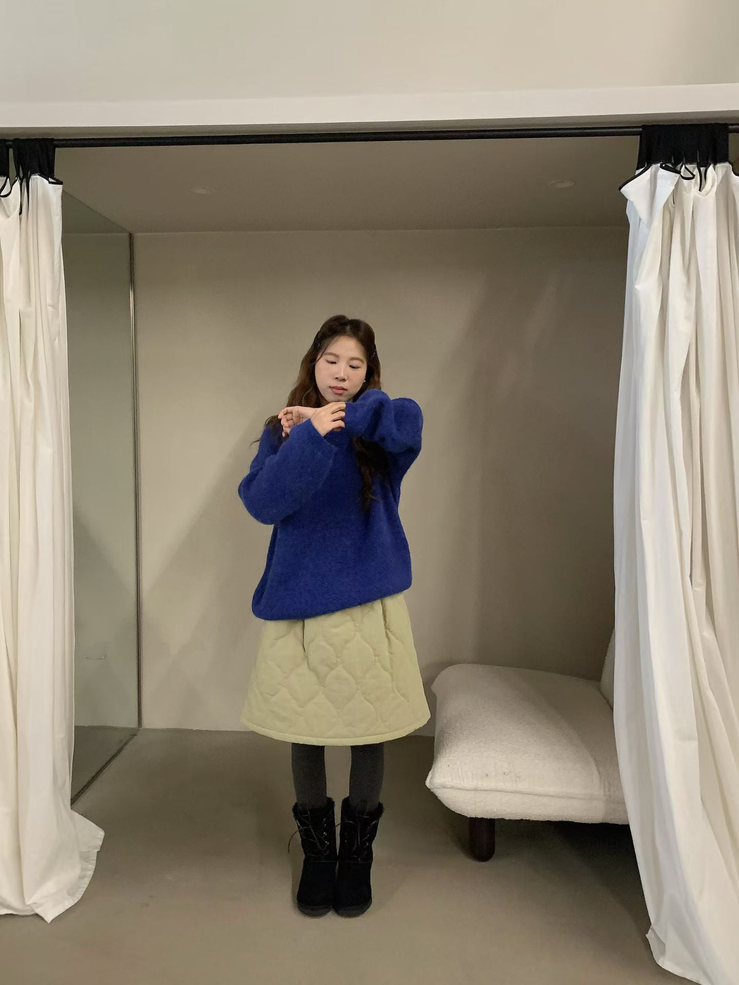 // 大熱菱格夾棉A字短裙