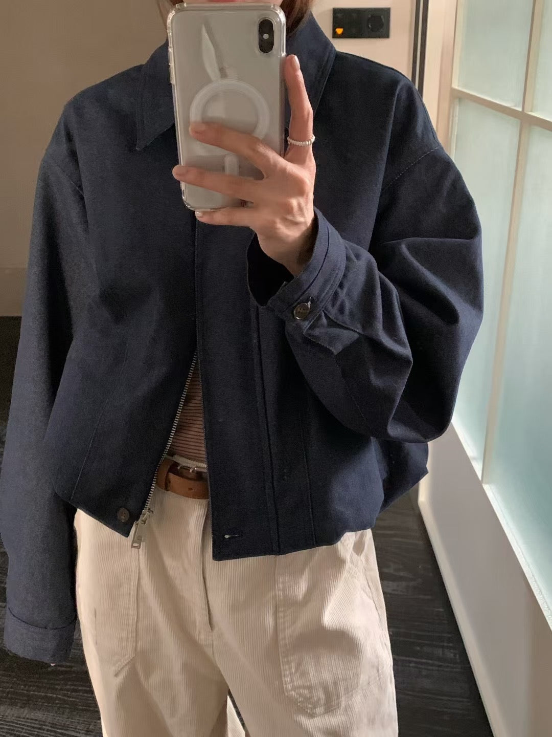 // 斜紋棉小復古翻領拉鍊外套