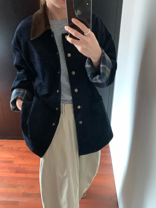 // 絨面領拼燈芯絨格紋拼布中長外套