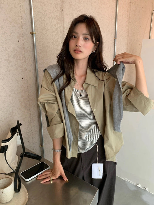 B49 / 間條背心+短版恤衫+針織披肩三件套