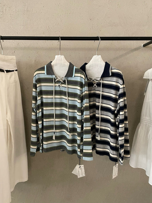 // Miu風綁帶間條polo上衣