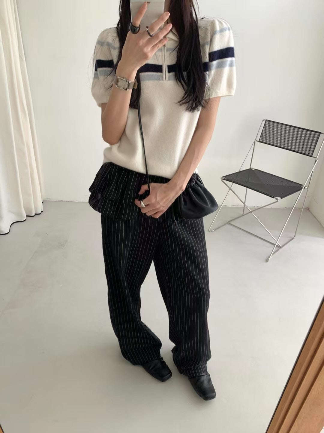 // 復古感拼色間翻領拉鍊NT