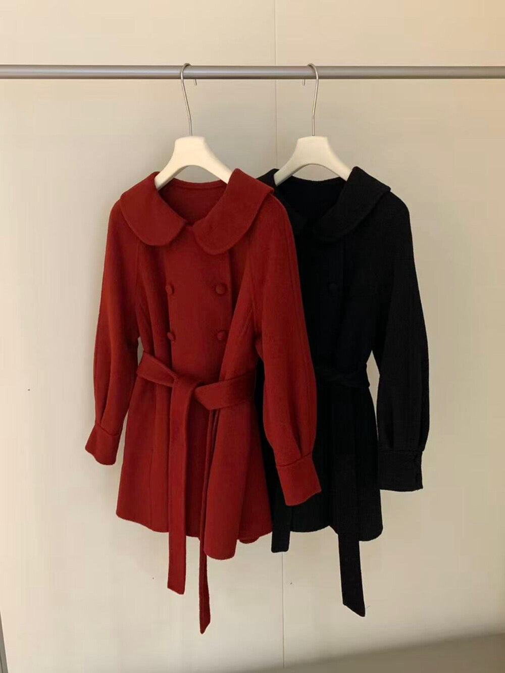 // 超柔軟100%羊毛娃娃領雙排扣手工外套