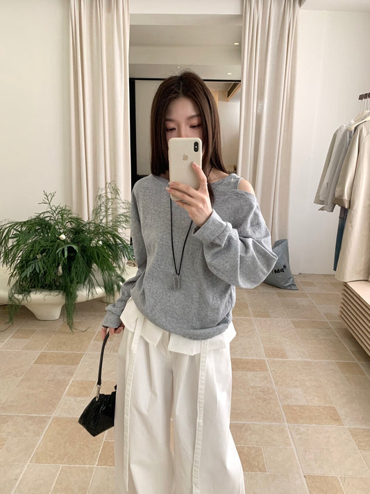 🫏 假兩件斜肩下擺抽繩上衣