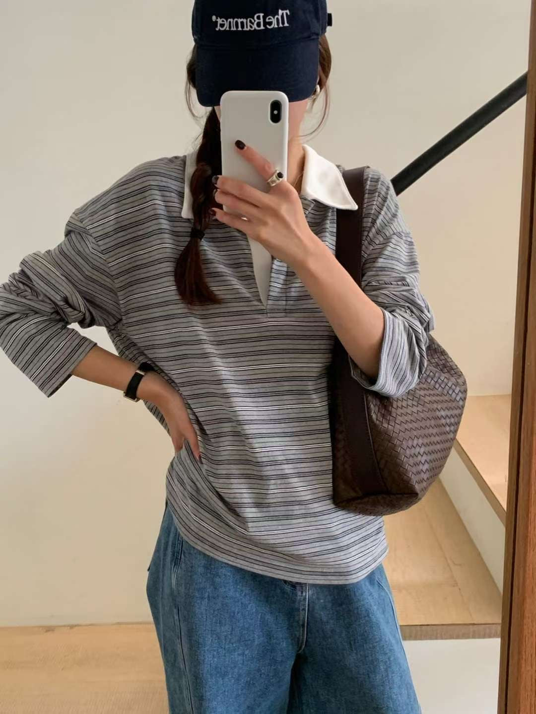 // 拼色翻領間條寬鬆版型上衣