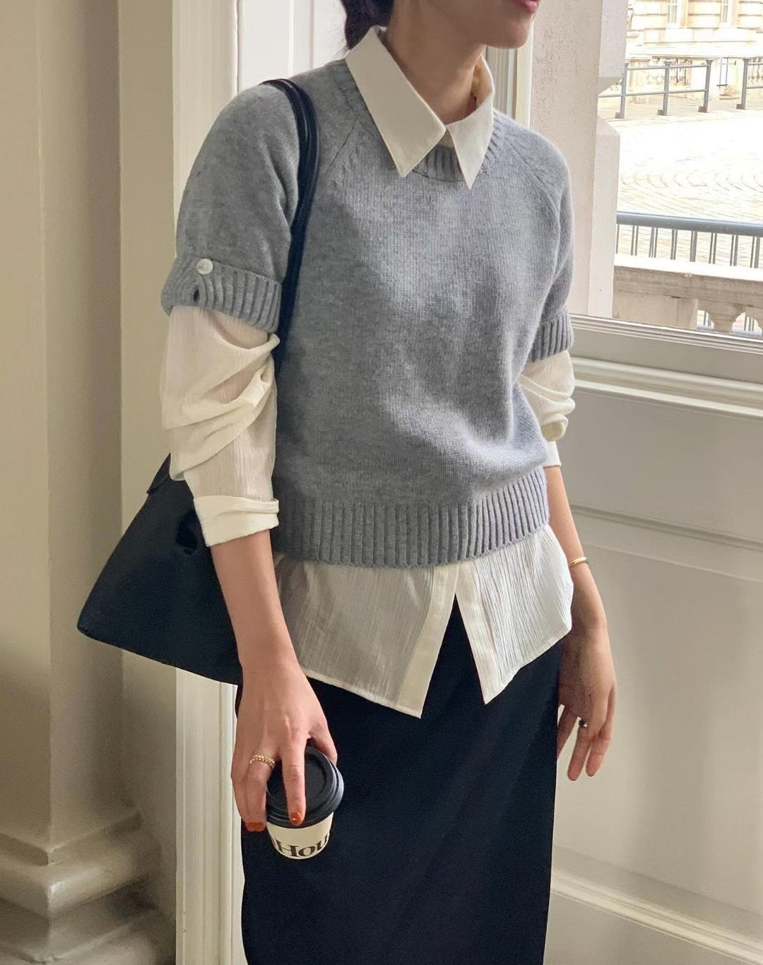 // cashmere+fine wool反袖鈕扣袖短袖NT