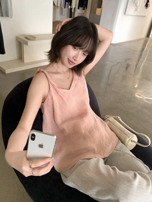 // 100%麻質扭結肩帶小魚尾背心