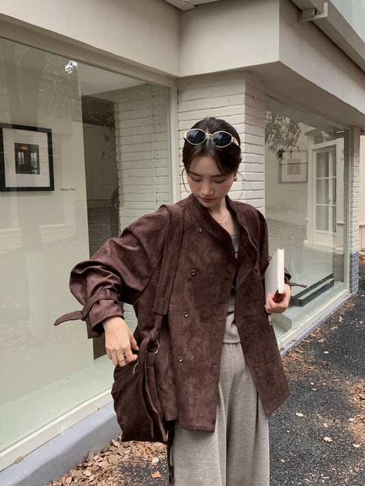 // 小立領雙排扣麂皮絨外套