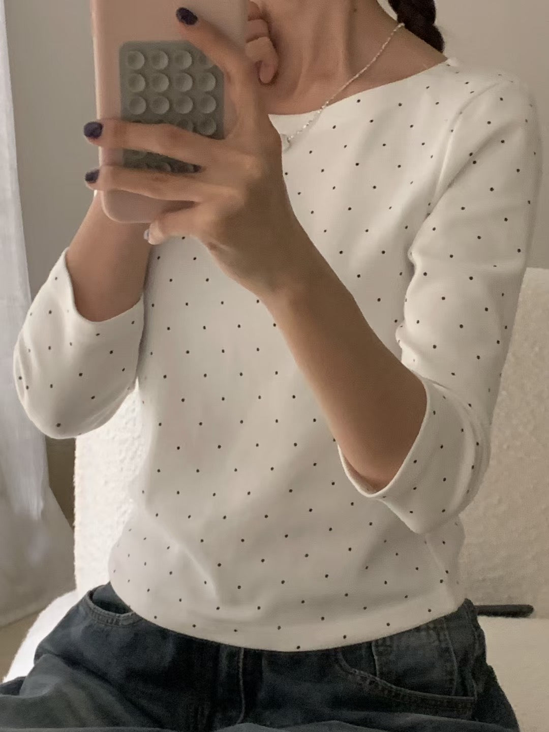 // 八分袖波點磨毛感TEE
