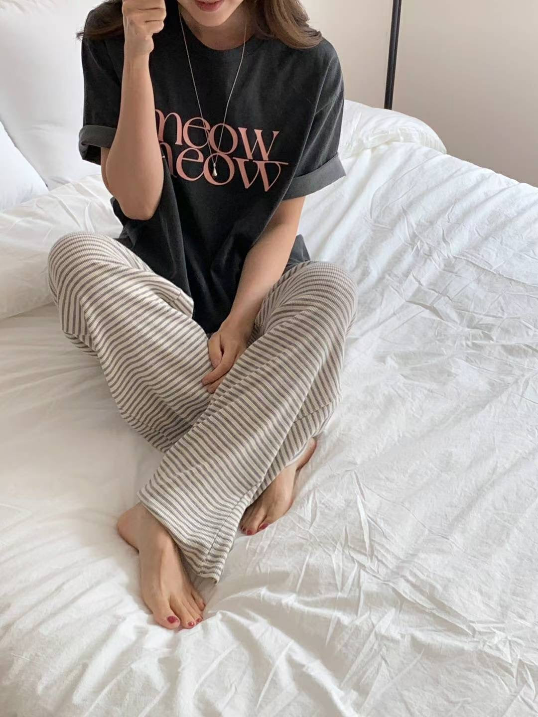 // 100%棉質復古配色’MEOW’字母TEE