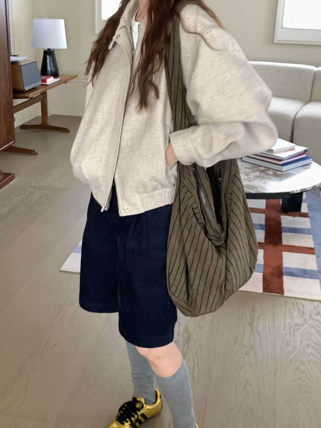 // 超韓雜色感複合質料翻領JK