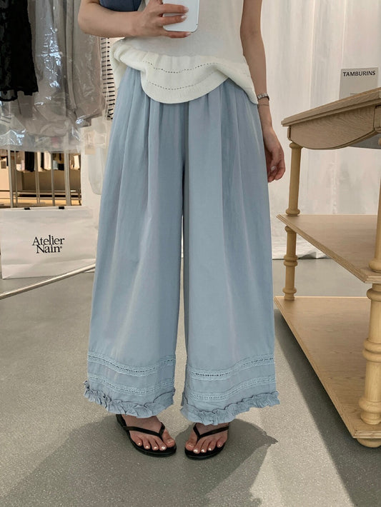 // 小復古刺繡花邊腳休閒褲