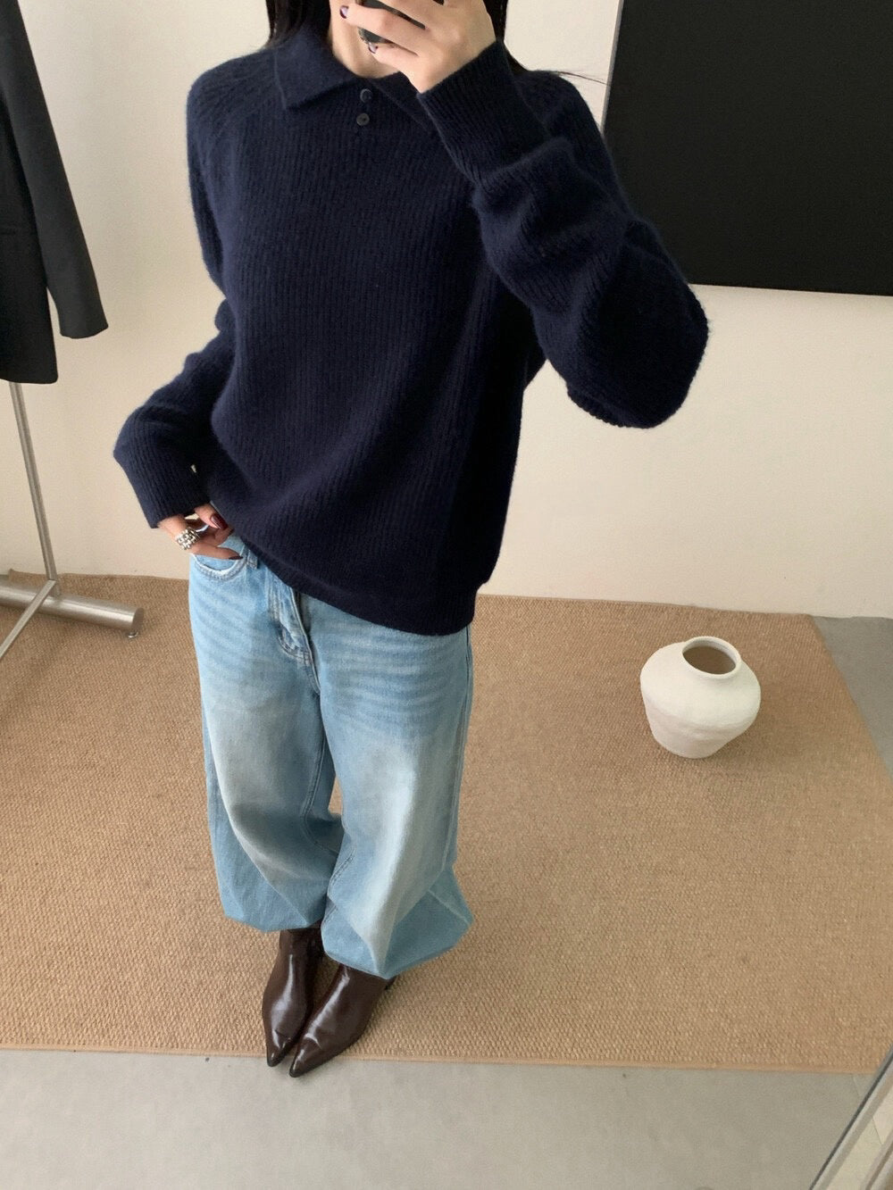 // 50%綿羊毛鈕扣翻領直紋NT