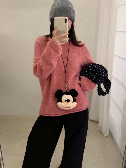 // 5%兔毛混針花線圓領卷邊毛衣