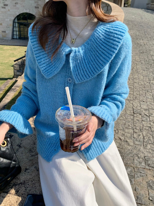 // 大荷葉領+袖開胸毛衣