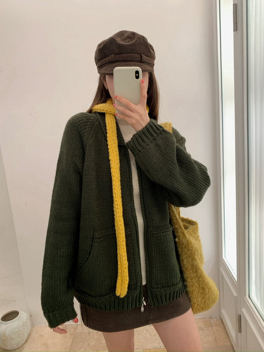 // 大口袋翻領粗棒織拉鍊CD