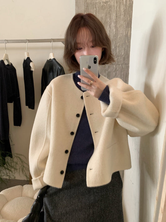 // 100%羊毛簡約圓領小口袋雙面羊毛手工外套