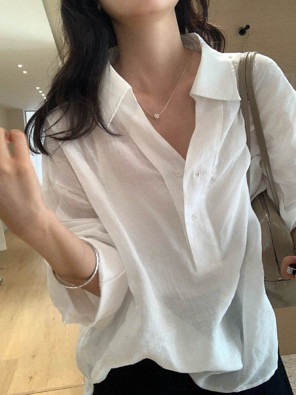 // 100%麻半鈕扣翻領透氣BL