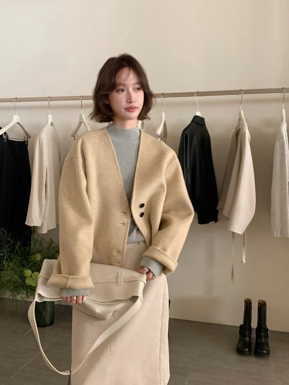 // 極美double鈕扣深V簡約100%雙面羊毛手工外套