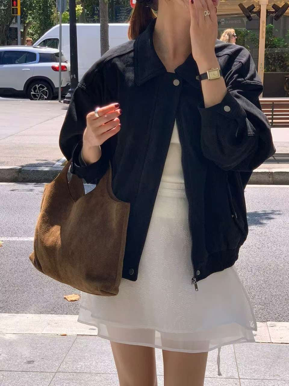 // 兩種質料可選的翻領外套(啞光彷皮/麂皮絨)