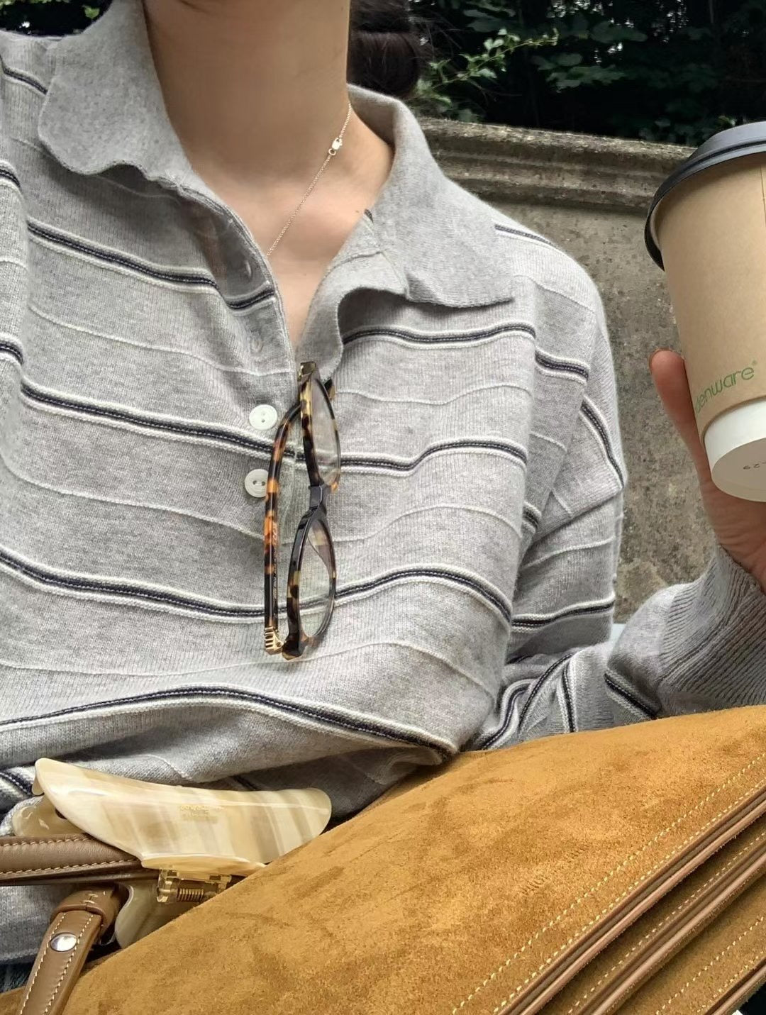 // cashmere+fine wool polo鈕扣間條NT