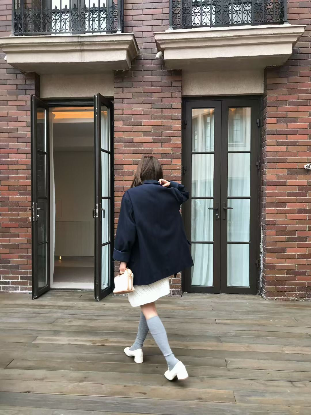 // 法式洗水棉中長款西裝外套