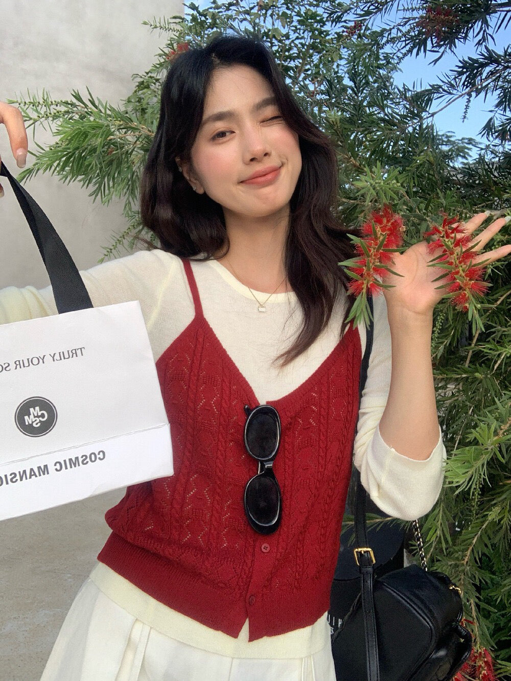 // 鈎針鏤空吊帶+薄打底針織兩件套