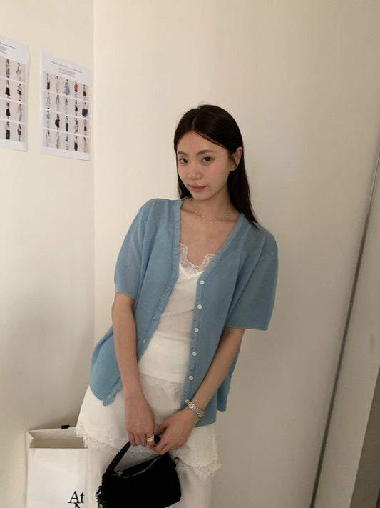 // 溫柔花邊lyocell麻短袖針織CD