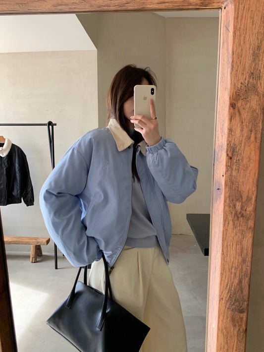 // 可愛小刺繡拼燈芯絨領夾棉外套