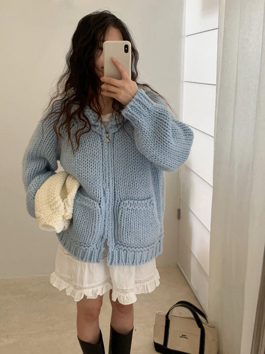 // 30%wool粗棒針手工織感圓翻領口袋拉鍊CD