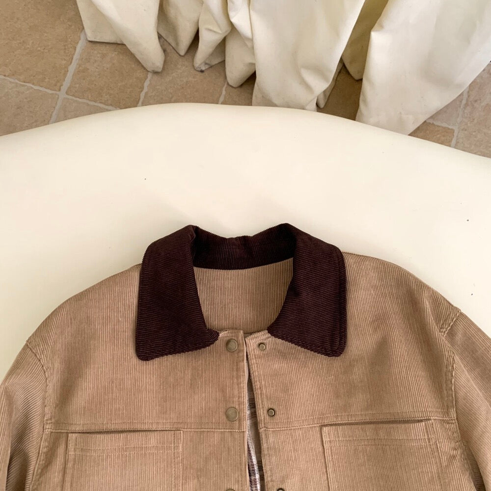 // 復古感拼色領內格紋燈芯絨外套