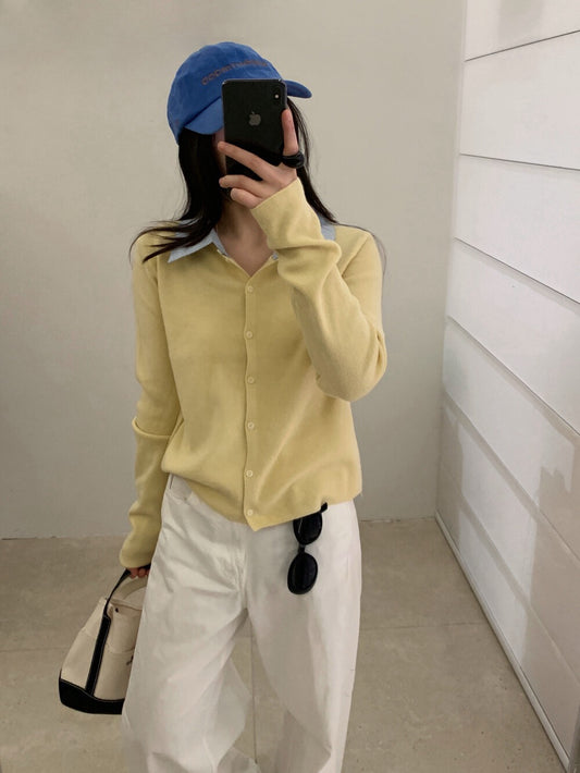 // 拼接間條恤衫領假兩件針織上衣