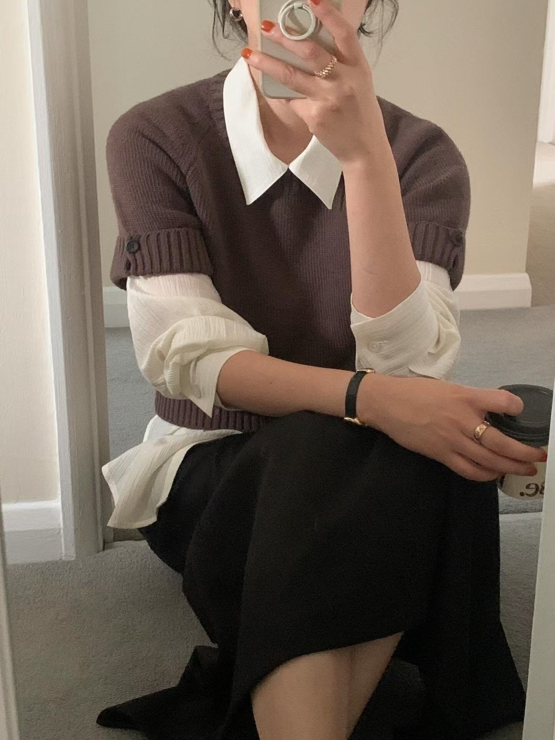 // cashmere+fine wool反袖鈕扣袖短袖NT