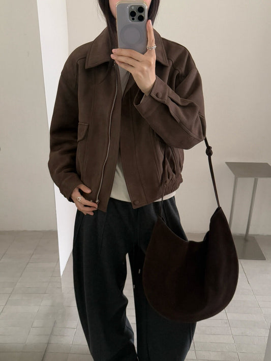 // 經典翻領設計麂皮絨夾棉外套