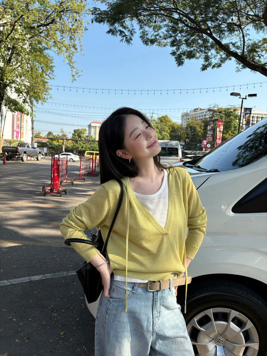 🧢 假兩件拼接連帽薄款針織衫