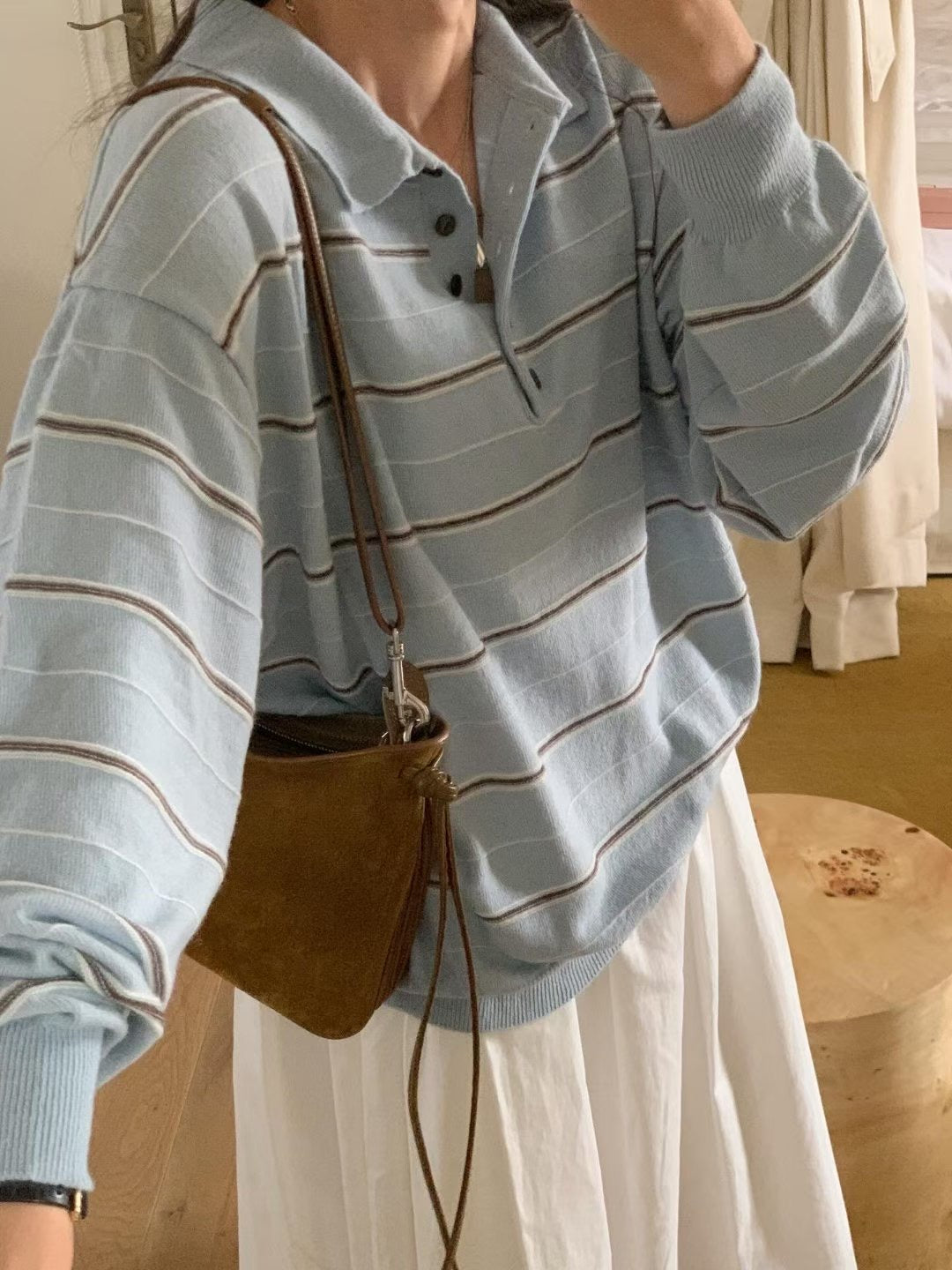 // cashmere+fine wool polo鈕扣間條NT