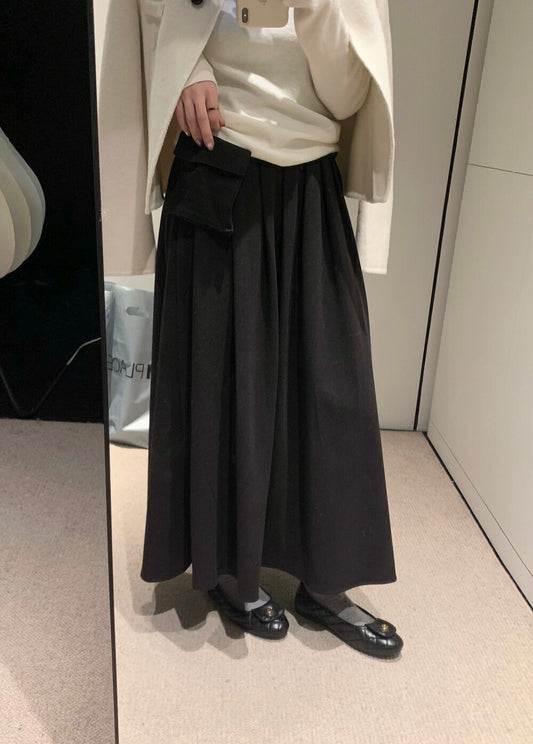 // 連腰包高品質毛呢壓褶中裙