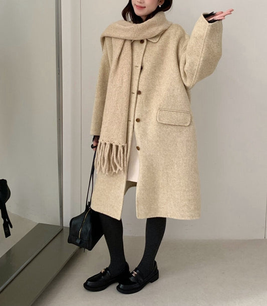 // 經典翻領口袋中長100%羊毛手工雙面外套(連頸巾)