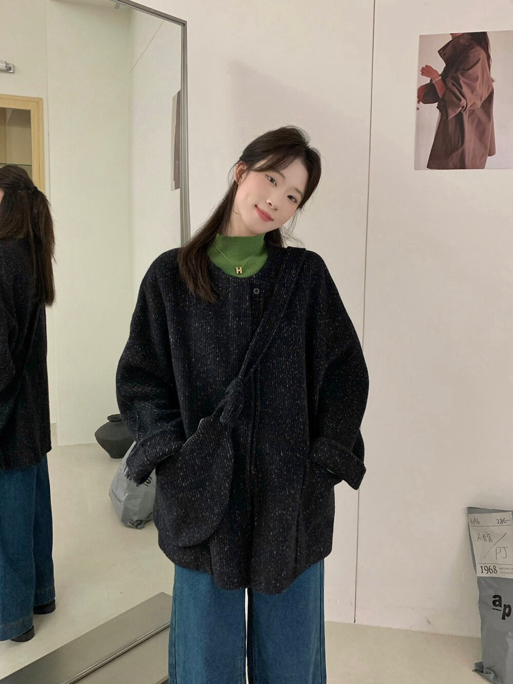 // 100%wool圓領大袋雙面毛呢外套(連袋仔)