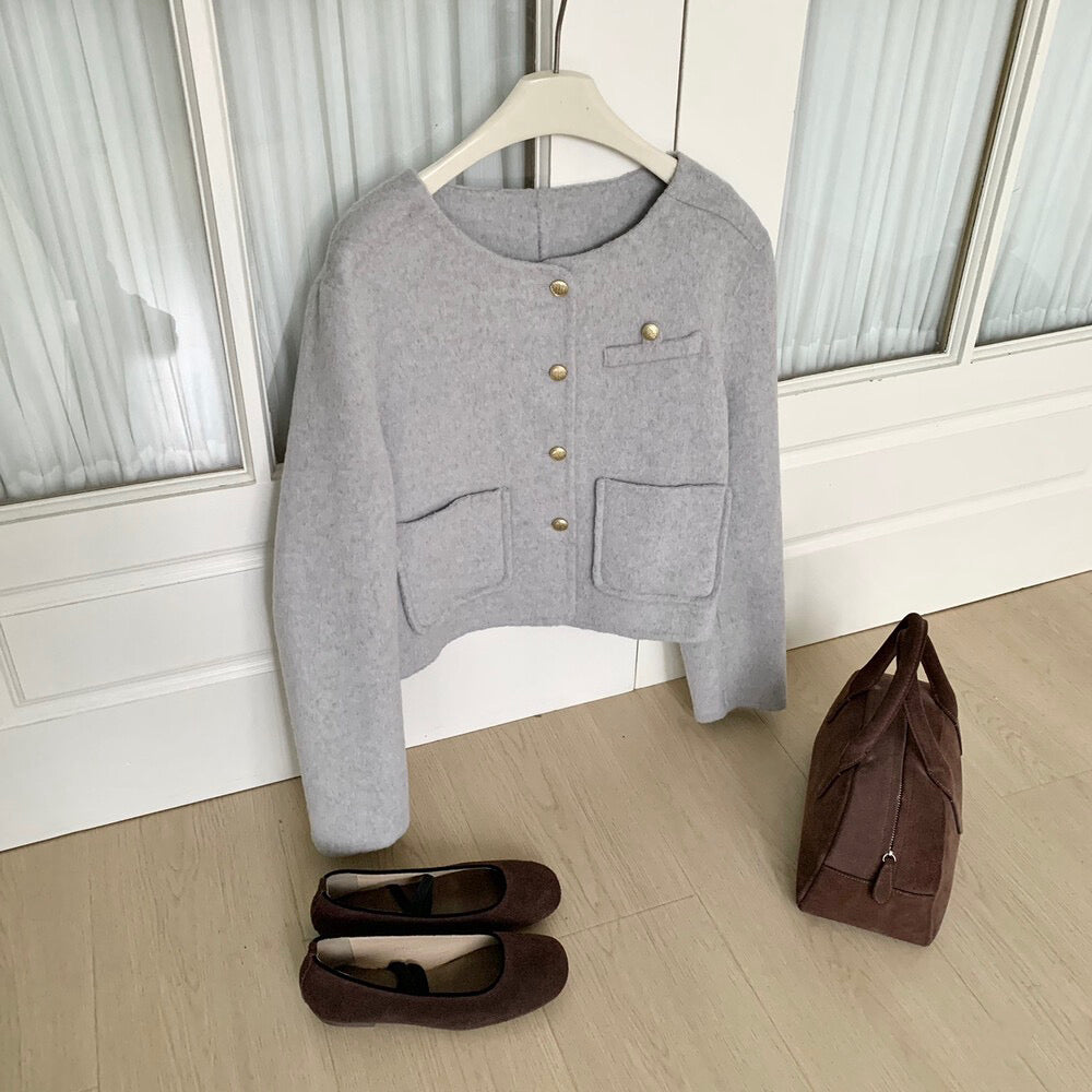 回饋價!// 質感金鈕扣氣質口袋100%手工雙面羊毛外套