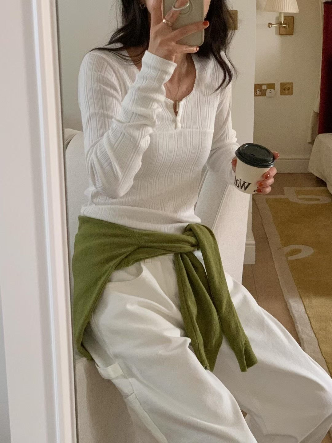 // 小開鈕lace邊直紋棉質TEE