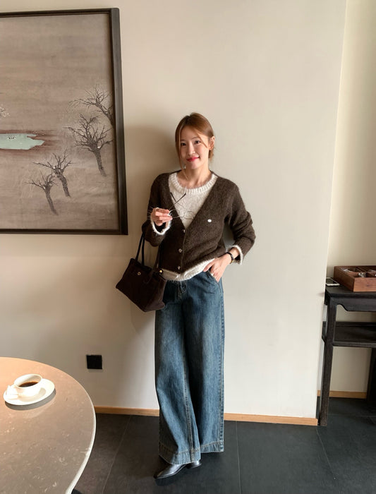 // 10%wool質感不規則鈕扣假兩件毛衣