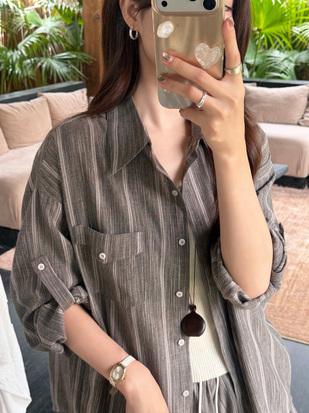 S15 / 棉麻直間口袋防曬恤衫++打底背心+短褲三件套