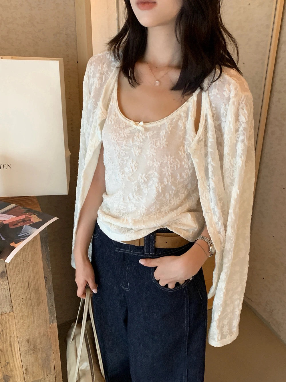 B40 / 重工全刺繡花吊帶+外套套裝